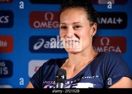 France's Melina Robert Michon (Athletics Women's Discus Throw) answers to  journalists during the press conference, on