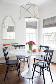 Saarinen Dining Table With Navy Blue Windsor Chairs Transitional Dining Room In 2020 Saarinen Dining Table Blue Kitchen Tables Blue Dining Tables