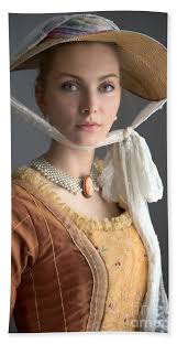 Portrait Of A Woman In 18th Century Georgian Dress And Hat Bath Towel by  Lee Avison