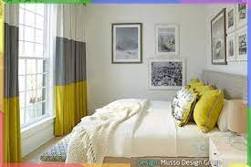 غرفة نوم أنيقة رمادية وصفراء blue bedroom color block curtains yellow and grey curtains