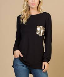 Black And Gold Top Womens Acting Pro Black Gold Glitter Chest Pocket Hi Low Top Women Zulily Long Sleeve Tops Tops Womens Tops