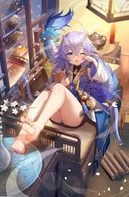 open mouth, barefoot, bailu (honkai: star rail), dragon tail, toes - Anime  R34