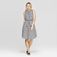 Women S Gingham Sleeveless Collared Button Front Tie Waist Shirtdress Who What Wear Black Whit Dress Clothes For Women Womens Gingham Sleeveless Shirt Dress