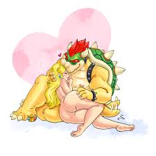 phantomdame, bowser, princess peach, mario (series), nintendo, super mario  bros. 1, highres, tagme, 1boy, 1girl, armlet, ass, barefoot, blonde hair,  crown, cuddling, heart, hetero, jewelry, kiss, long hair, nude, smile,  tail, unworn