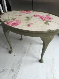 If you are looking for a new project you may want to consider a wooden coffee table decoupage. Cute Oval Coffee Table Painted Using Annie Sloan Olive Decoupaged Using A Beautiful Funky Painted Furniture Shabby Chic Coffee Table Decoupage Coffee Table