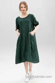 2020 Yaz Icin Gunluk Keten Elbise Modelleri Yesil Midi Yetim Kol Genis Yaka Simli Cep Detayli Elbise Modelleri Elbise Moda Stilleri