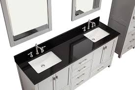 A chrome faucet is fixed to a white quartz vanity top over a cherry wood washstand and beneath a curved nickel mirror. Avanity Modero Double 72 Inch Traditional Bathroom Vanity Chilled Gray