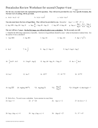 Answer key to any worksheet test. Precalculus Review Worksheet For First Chapter 5 Test