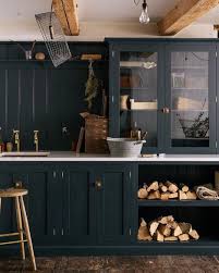 Navy Blue Cabinets With Glass And Open Shelving And Wood Beams Kitchen Trends Kitchen Trends 2018 Kitchen Cabinets Decor