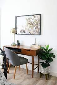 Mid Century Boho Inspired Workspace Desk In Living Room Home Office Design Mid Century Modern Desk