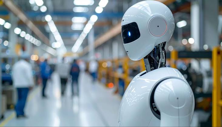 Humanoid robot navigating a machine shop, AI generated