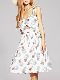 Stylish Women S V Neck Hollow Out Pineapple Print Dress Pineapple Print Dress Bow Dress Vintage Print Dress