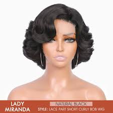 Amazon.com : Lady Miranda Short Curly Wig Short Bob Loose Wave Wigs for  Black Women Lace Part Wig Side Part Wigs Nature Curly Synthetic Heat  Resistant Weave Full Wigs for Women(Black) :