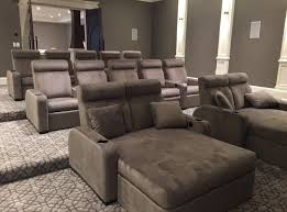 Grey Home Theater For The Crowd Home Theater Room Design Home Theater Seating Home Theater Furniture