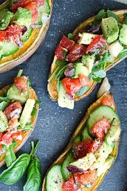 Sweet Potato Bruschetta With Avocado Tomato Topping Recipe Vegan Recipes Easy Sweet Potato Appetizers Vegan Bruschetta Recipe