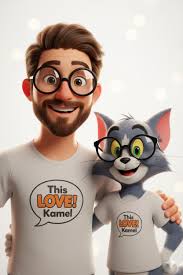 Photograph of man with animated characters in park