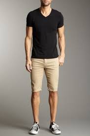 Men S Black V Neck T Shirt Tan Shorts Black And White Canvas Low Top Sneakers Casual Wear For Men Mens Outfits Casual Shorts Outfit