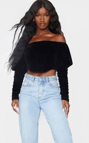 Shop womens tank tops suitable for all occasions for the ultimate wardrobe refresh. Black Velvet Puff Sleeve Bardot Crop Top Prettylittlething