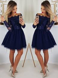 Custom Made A Line Long Sleeves Dark Navy Blue Lace Prom Dresses Short Navy Prom Dresses Long With Sleeves Navy Blue Lace Prom Dress Homecoming Dresses Short