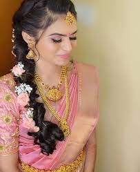 South Indian Bride Pink Gold Silk Saree Gold Bridal Jewelry Pink Floral Hairstyle New Site Gold Silk Saree South Indian Bride Bridal Gold Jewellery