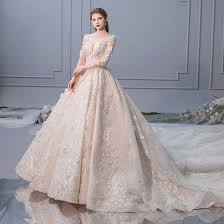 Wedding dress sky202 cersei 2022 collection. Elegant Champagne Wedding Dresses 2019 A Line Princess Scoop Neck Pearl Appliques Lace Flower Long Sleeve