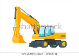 Vector Illustration With Cartoon Flat Industrial Excavator Construction Equipment Mining Transportation Heavy Machinery Object Fuel Economy Excavator Trucks