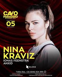 We are happy to host Nina Kraviz at Cavo Paradiso, next Thursday 5th of  August 2021. Don't miss out. , Support acts: Ionas Feenstra