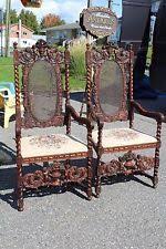 Antique Pair Heavily Carved Oak Throne Armchair Barley Twist Figural Cherub Antiques Antique Chairs Antique Furniture
