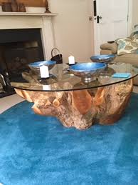 Even though this beautiful table has the real moss still marbled through the top of the table that has been perserved with polymer and for that reason it appears as if there may be a. Large Coffee Table Round Teak Root Trunk 110cm Glass Top Batu