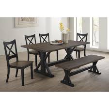 A bench and chairs have angular tapered legs. Simmons Upholstery Lexington 6 Piece Dining Set In Black And Rustic Oak Nebraska Furniture Mart