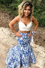 Gorgeous Two Piece White And Blue Printed Mermaid Long Prom Dress With Bow Printed Prom Dresses Cute Prom Dresses Blue And White Prom Dresses