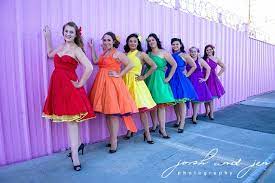 4 Rainbow Bridesmaids Dresses Rock The Look With Accessories Rainbow Bridesmaids Rainbow Bridesmaid Dresses Knee Length Bridesmaid Dresses