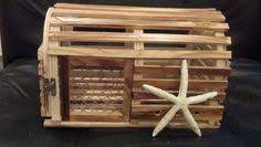 New half round wooden lobster trap handmade, designed from 1960 vintage cage, nautical theme, landscape, card box, wood end table, crab trap. Weddingbee Classifieds Wedding Resale Wedding Crates Beach Wedding Brown Lobster Trap