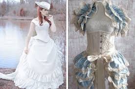 Dramatic bustled, ruffled, and layered wedding gowns with a corset top is one victorian steampunk theme to consider. Steampunk Wedding Gowns Bizarre Steampunk Inspired Wedding Style Ideas Wedding Photog Steampunk Wedding Dress Steampunk Wedding Gown Wedding Dresses Images