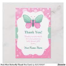 Pink Mint Butterfly Thank You Card Butterfly Baby Shower Baby Shower Thank You Cards Butterfly Baby Shower Invitations