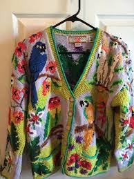 Cardigan Bay Tropical Birds Parrot Cockatiels Hand Knit Sweater Small Hand Knitted Sweaters Vintage Inspired Outfits Sweaters For Women