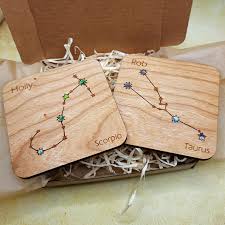 Personalised Zodiac Constellation Coasters, Wooden Star Signs With Shiny  Abalone or Mother of Pearl Stars