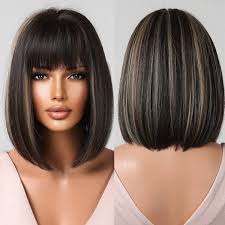 Allbell Feminino Bob Perucas para Perucas Pretas Curtas com Franja Cabelo  Preto Misturado Loira Destaques Resistente Ao Calor Peruca Sintética Peruca  de Natal