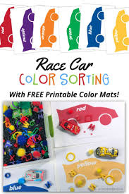 A Race Car Color Sorting Sensory Bin With Printable Mats Learning Colors Activities Color Sorting Activities Preschool Colors