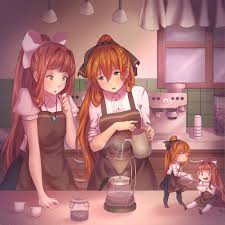 Red monika is captured here vaulting off of some rune carved rocks, taking aim with her dual pistols. Monika Learning How To Make Coffee With Springfield By Pyonsangsang On Deviantart Ddlc
