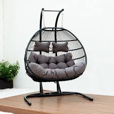 kinwell foldable wicker rattan hanging double swing egg chair hammock chair aluminum frame and uv resistant cushion dark grey in 2021 swinging chair hanging egg chair swing chair garden