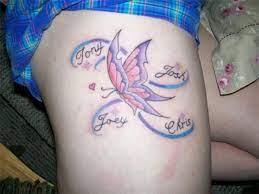 Tattoo With Kids Names But With Flower Instead Of Butterfly Butterfly Tattoos Name Tattoos For Moms Tattoos With Kids Names Tattoos For Kids