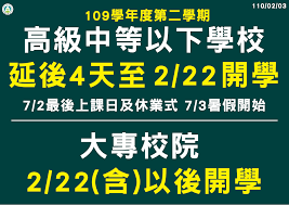 Jun 24, 2021 · 全台中小學下學期原訂在8月30日開學，教育部6月24日召集教育團體、各縣市代表開會，會中決議中小學開學延後2天，到9月1日開學，讓學校有更多. å½± é–‹å­¸æ—¥å»¶å¾Œè‡³2æœˆ22æ—¥æŒ‡è€ƒå»¶å¾Œè‡³7æœˆ3æ—¥è‡³5æ—¥ é–‹å­¸æ—¥æŒ‡è€ƒå»¶å¾Œ æ–‡æ•™ è¯åˆæ–°èžç¶²