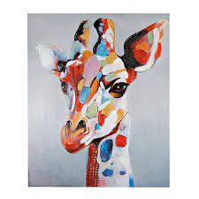 One is the traditional style giraffe painting; Colorful Serious Giraffe Canvas Art Print Abstract Animal Art Giraffe Painting Giraffe Art