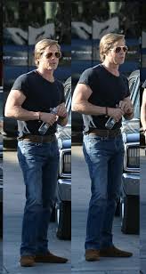 Brad's snazzy costume is an indicator of how big this film is going to be. Brad Pitt 2018 Filming Once Upon A Time In Hollywood Brad Pitt Brad Pitt Hair Brad Pitt Haircut