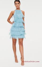 2020 Puskullu Elbise Modelleri Bebek Mavisi Kisa Kolsuz Katmali Puskullu Bodycon Elbise The Dress Elbise Modelleri