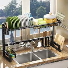 Designed fence and reinforced tube large capacity: Buy Over The Sink Dish Drying Rack Herjoy Length 23 2 37 4 Height 7 9 16 5 Adjustable Dish Drainer For Kitchen 2 Tier Stainless Steel Dish Rack Storage Organizer Shelf With 6 Utility Hooks Black Online In Vietnam B08z3ptcw3