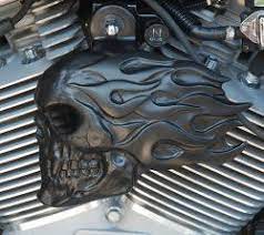 Flaming Skull Horn Cover In Satin Black Powder Coat Fsbs 2 Indian Motorcycle Scout Harley Backrest Metal Engraving