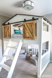 The design features two bed frames with 2×4 cleats, five 1×4 slats attached with 1 1/4″ screws (two act as a base for the ladder), and guard rails to keep your child from tumbling on the ground. Sliding Barn Door Loft Bed Spruc D Market