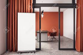 Modern office curtains are simple and useful. Modern Orange Office Interior With Empty Banner Curtains And Stock Photo Picture And Royalty Free Image Image 121954861